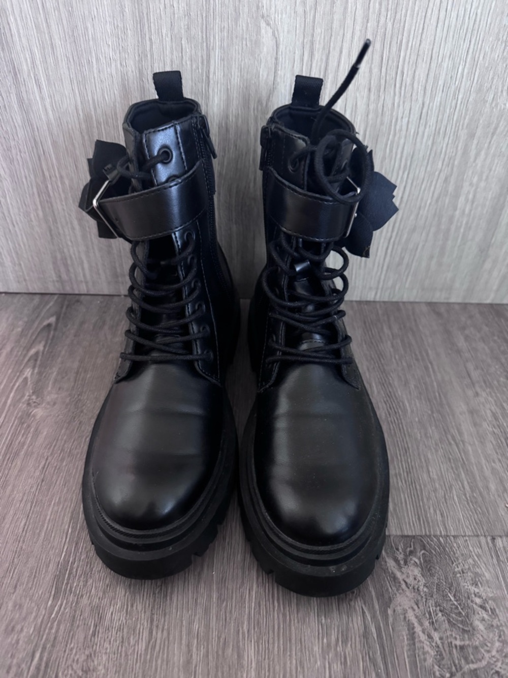 Women's Black Lace-Up Combat Boots with Ankle Strap